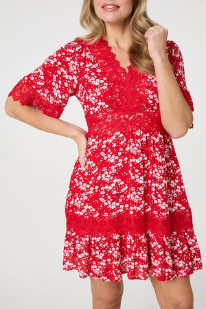 Red | Floral Lace Trim 1/2 Sleeve Mini Dress
