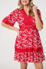 Red | Floral Lace Trim 1/2 Sleeve Mini Dress
