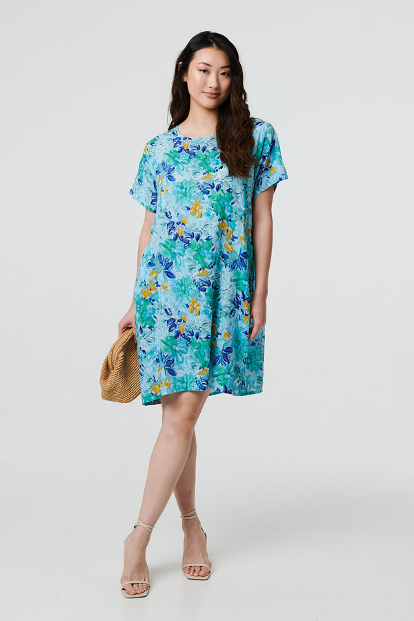 Blue | Floral 1/2 Sleeve Knee Length Shift Dress
