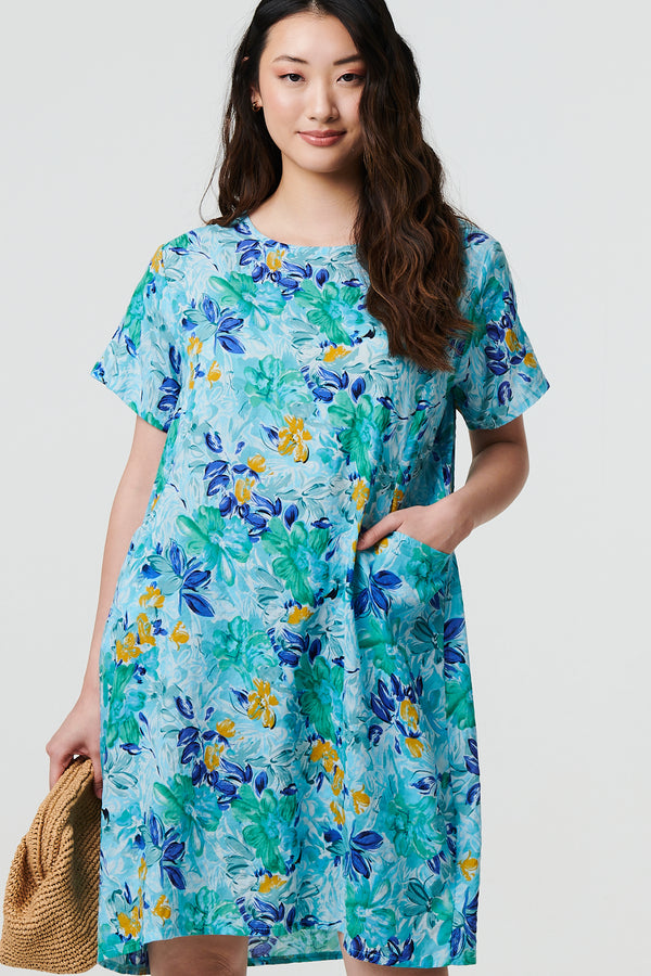 Blue | Floral 1/2 Sleeve Knee Length Shift Dress
