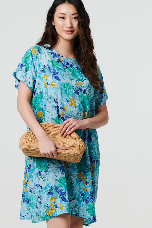 Blue | Floral 1/2 Sleeve Knee Length Shift Dress
