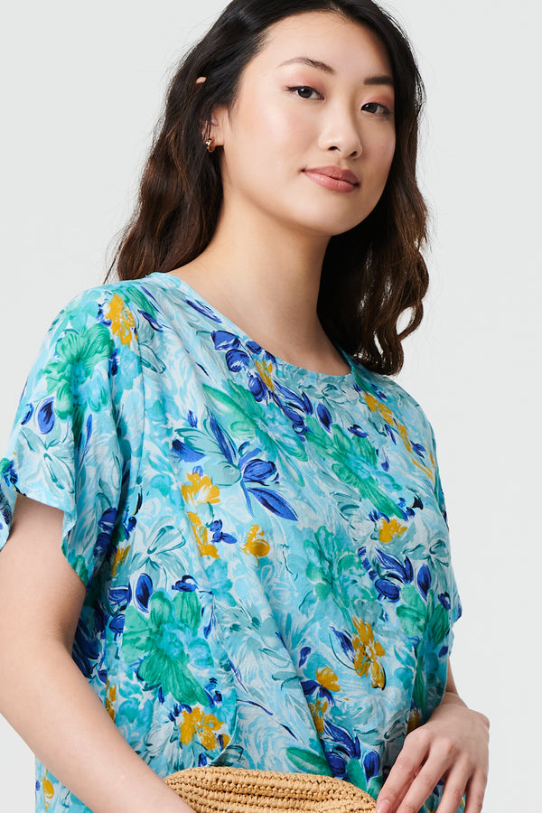 Blue | Floral 1/2 Sleeve Knee Length Shift Dress
