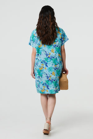 Blue | Floral 1/2 Sleeve Knee Length Shift Dress

