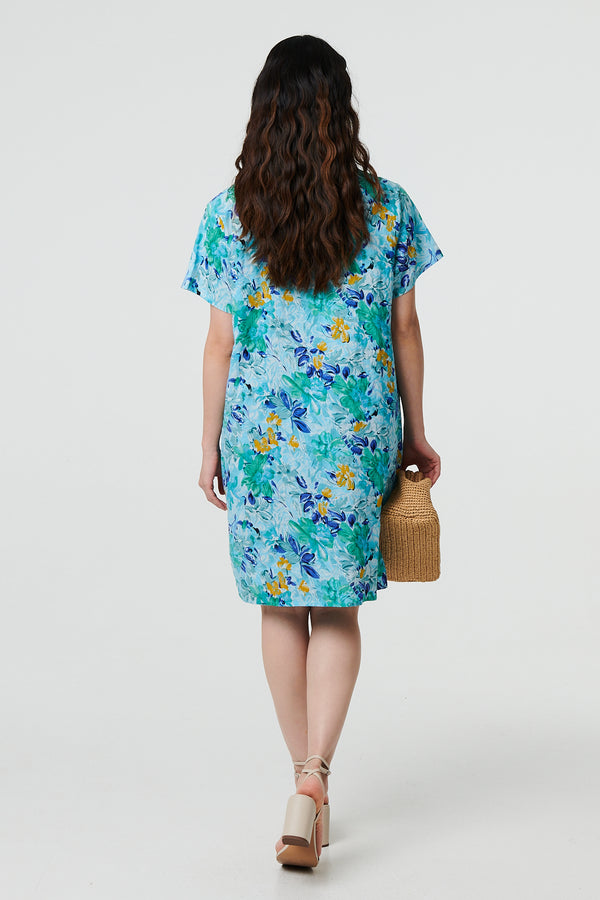 Blue | Floral 1/2 Sleeve Knee Length Shift Dress
