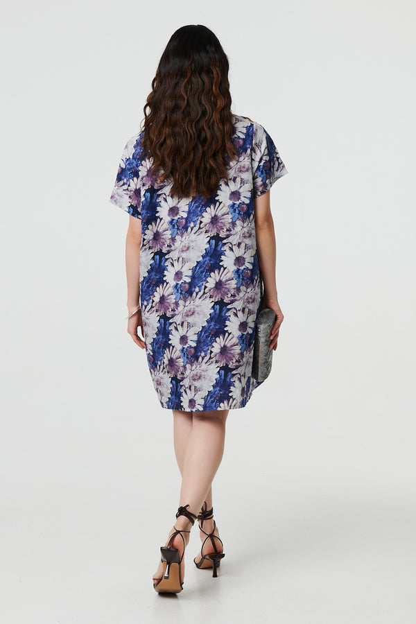 Blue | Floral Short Sleeve Knee Length Shift Dress
