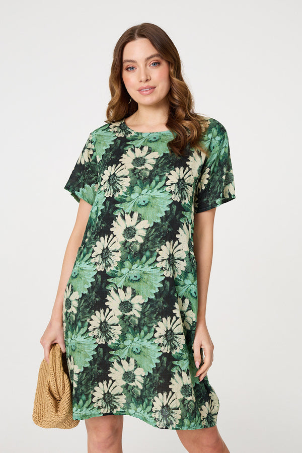 Green | Floral Short Sleeve Knee Length Shift Dress

