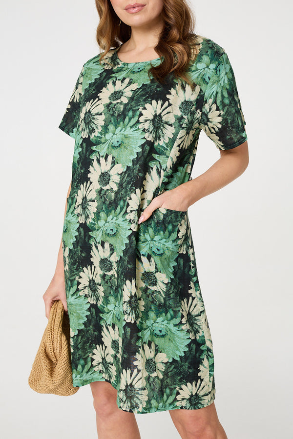Green | Floral Short Sleeve Knee Length Shift Dress

