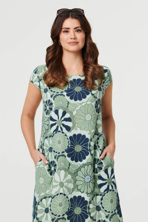 Green | Floral Cap Sleeve Shift Short Dress