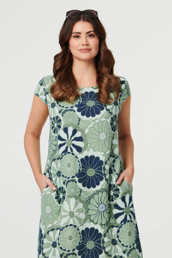 Green | Floral Cap Sleeve Shift Short Dress