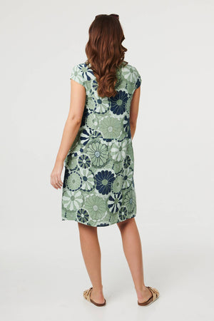 Green | Floral Cap Sleeve Shift Short Dress