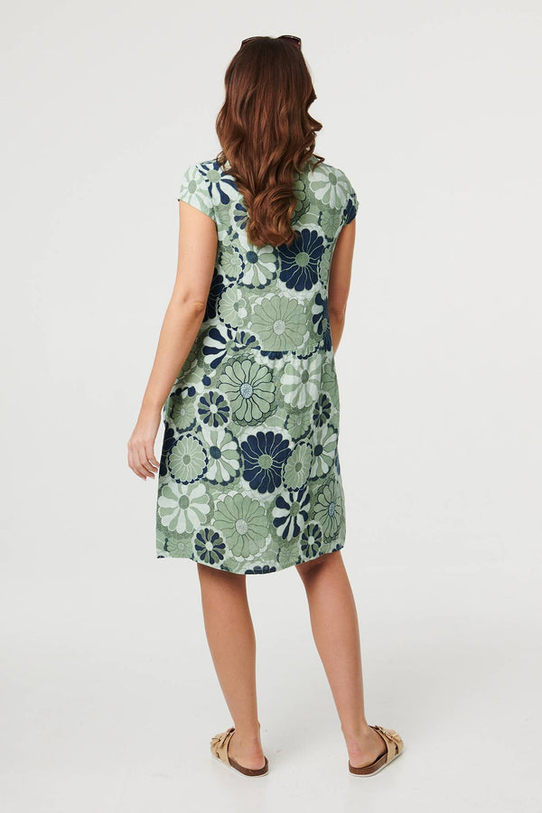 Green | Floral Cap Sleeve Shift Short Dress