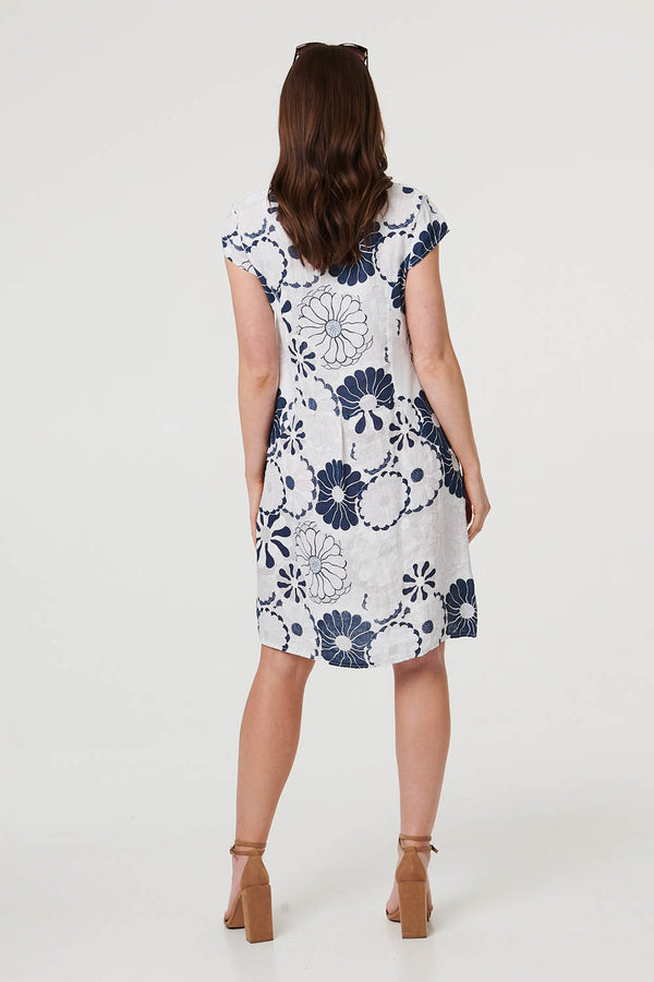 White | Floral Cap Sleeve Shift Short Dress