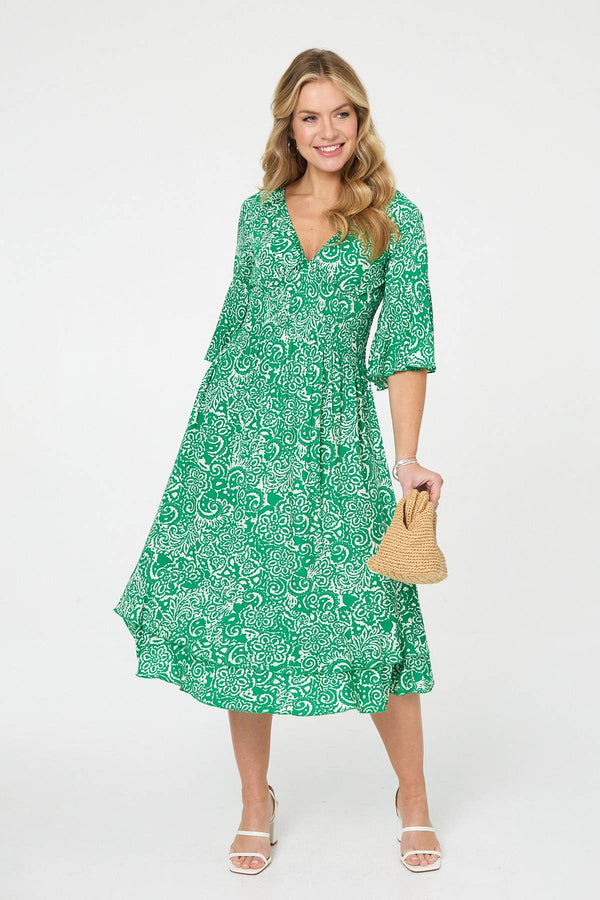 Green | Printed 3/4 Sleeve Layered Midi Dress
