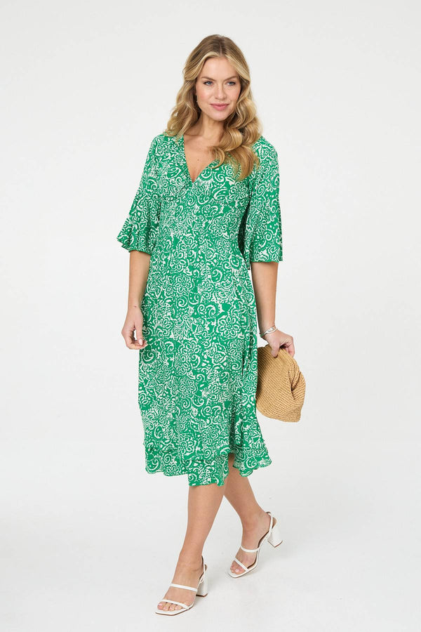 Green | Printed 3/4 Sleeve Layered Midi Dress