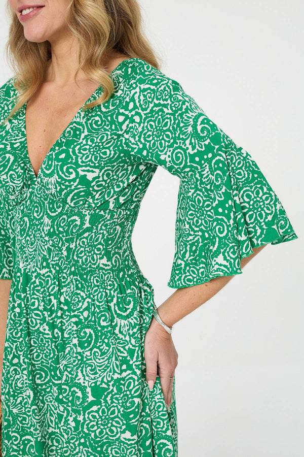 Green | Printed 3/4 Sleeve Layered Midi Dress