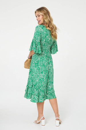 Green | Printed 3/4 Sleeve Layered Midi Dress