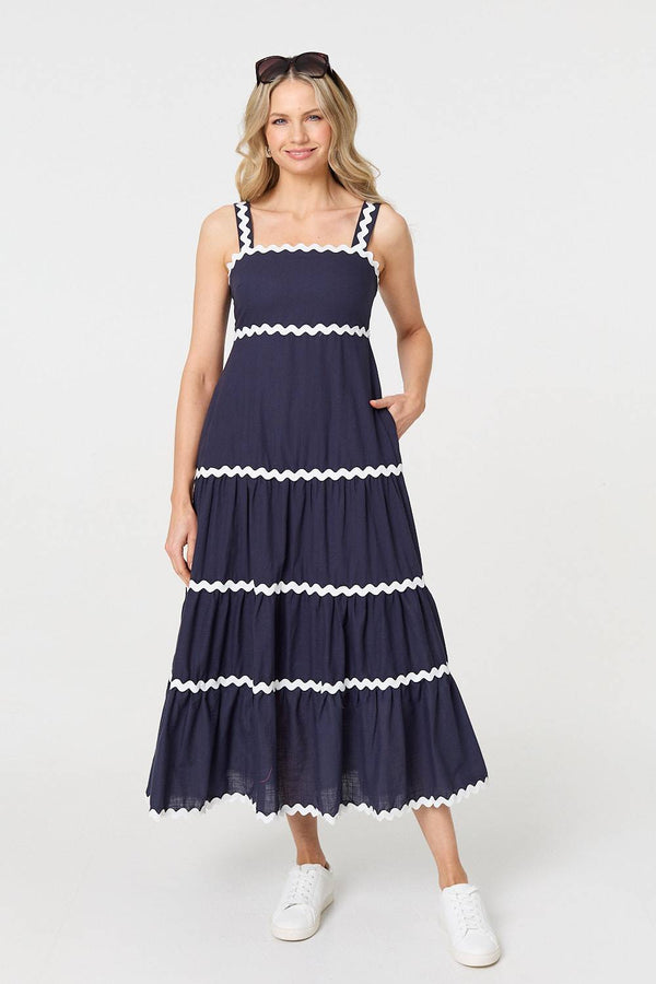 Navy | Zig Zag Trim Sleeveless Tiered Midi Dress
