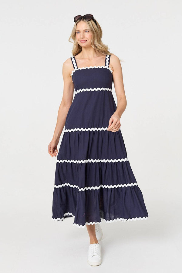 Navy | Zig Zag Trim Sleeveless Tiered Midi Dress
