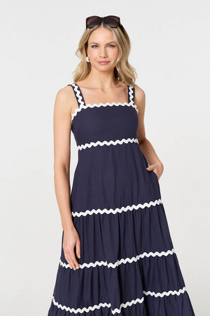 Navy | Zig Zag Trim Sleeveless Tiered Midi Dress
