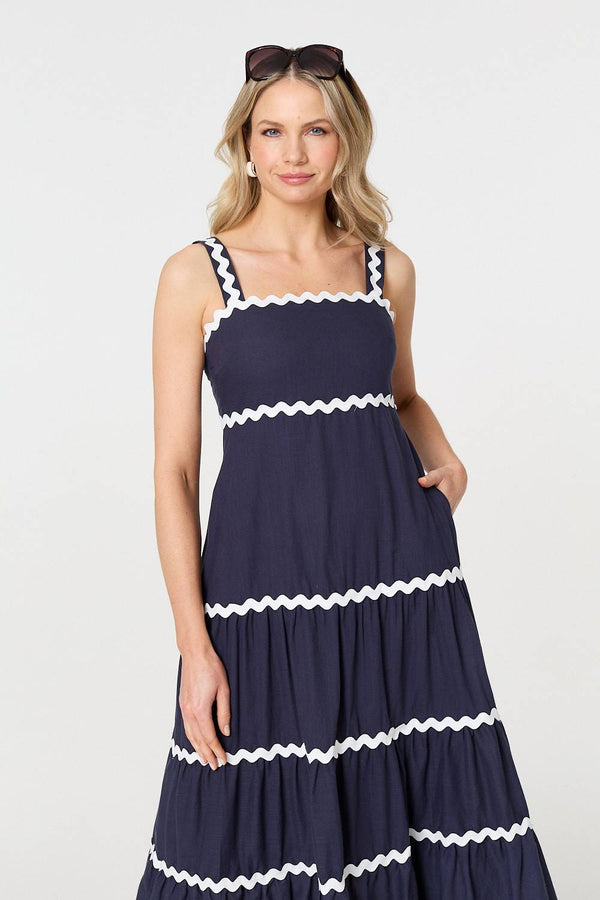 Navy | Zig Zag Trim Sleeveless Tiered Midi Dress
