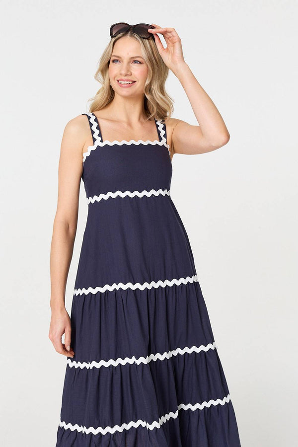 Navy | Zig Zag Trim Sleeveless Tiered Midi Dress
