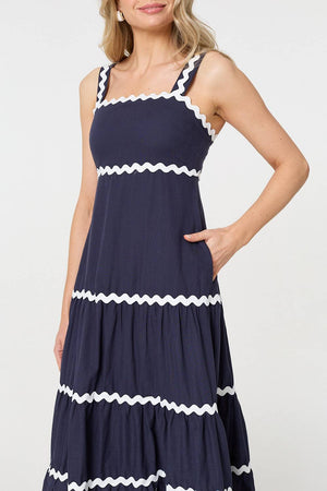 Navy | Zig Zag Trim Sleeveless Tiered Midi Dress
