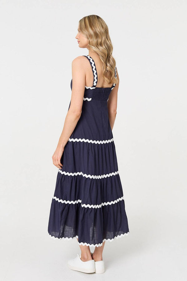 Navy | Zig Zag Trim Sleeveless Tiered Midi Dress
