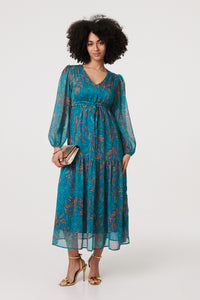 Teal | Leaf Print Sheer Tie Waist Maxi Dress
