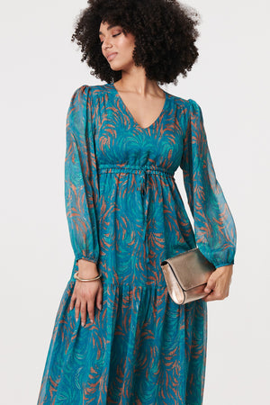 Teal | Leaf Print Sheer Tie Waist Maxi Dress
