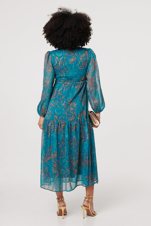 Teal | Leaf Print Sheer Tie Waist Maxi Dress

