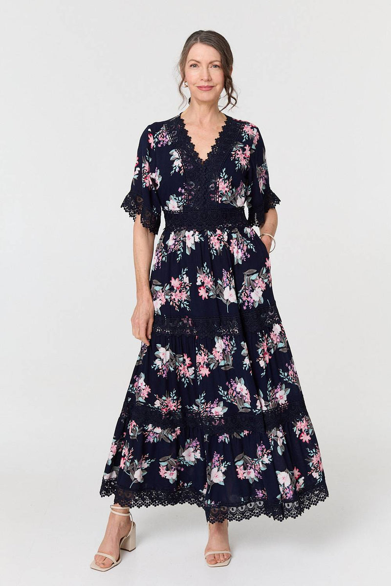 Floral Lace Tiered 3/4 Sleeve Maxi Dress Floral Lace Tiered 3/4 Sleeve Maxi Dress