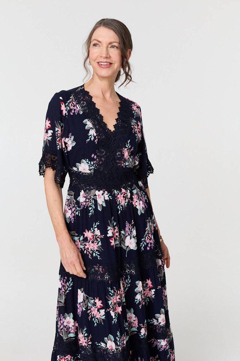 Floral Lace Tiered 3/4 Sleeve Maxi Dress | Izabel London Floral Lace Tiered 3/4 Sleeve Maxi Dress | Izabel London