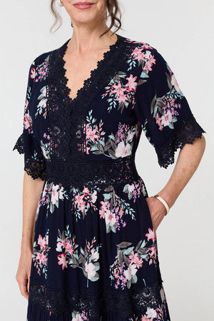 Navy | Floral Lace Tiered 3/4 Sleeve Maxi Dress

