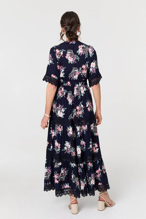 Navy | Floral Lace Tiered 3/4 Sleeve Maxi Dress
