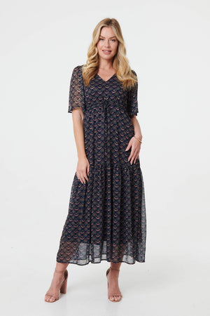Blue | Printed Sheer Layered Empire Maxi Dress
