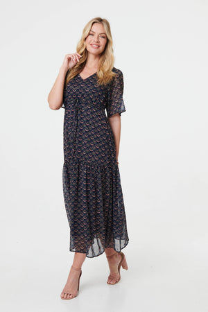 Blue | Printed Sheer Layered Empire Maxi Dress
