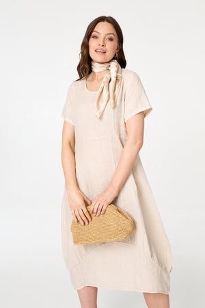 Beige | Short Sleeve Oversized Midi Shift Dress : Model is 5'9
