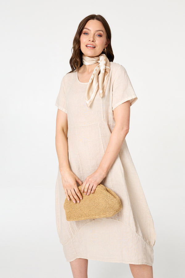 Beige | Short Sleeve Oversized Midi Shift Dress : Model is 5'9"/175 cm and wears UK8/EU36/US4/AUS8