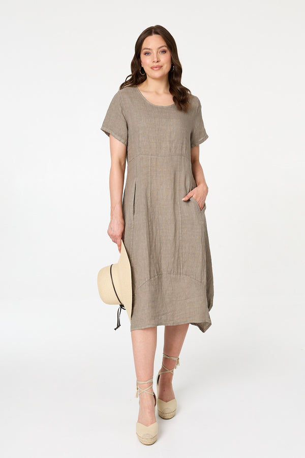 Brown | Short Sleeve Oversized Midi Shift Dress