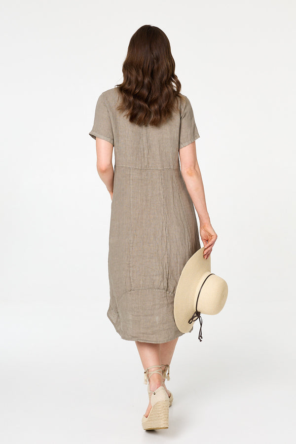 Brown | Short Sleeve Oversized Midi Shift Dress
