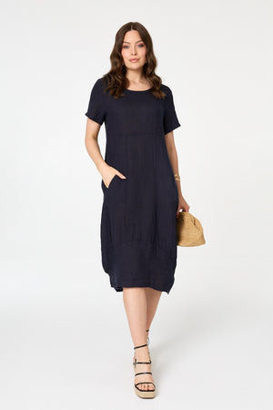 Navy | Short Sleeve Oversized Midi Shift Dress : Model is 5'9