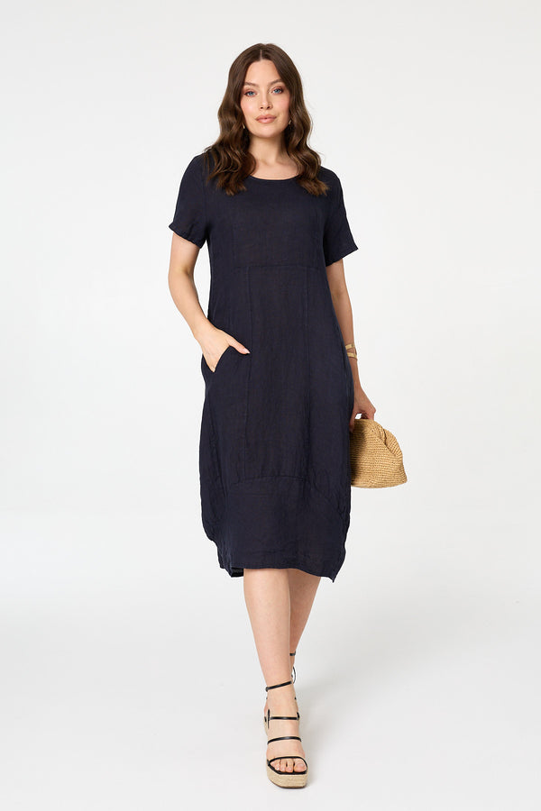 Navy | Short Sleeve Oversized Midi Shift Dress : Model is 5'9"/175 cm and wears UK8/EU36/US4/AUS8
