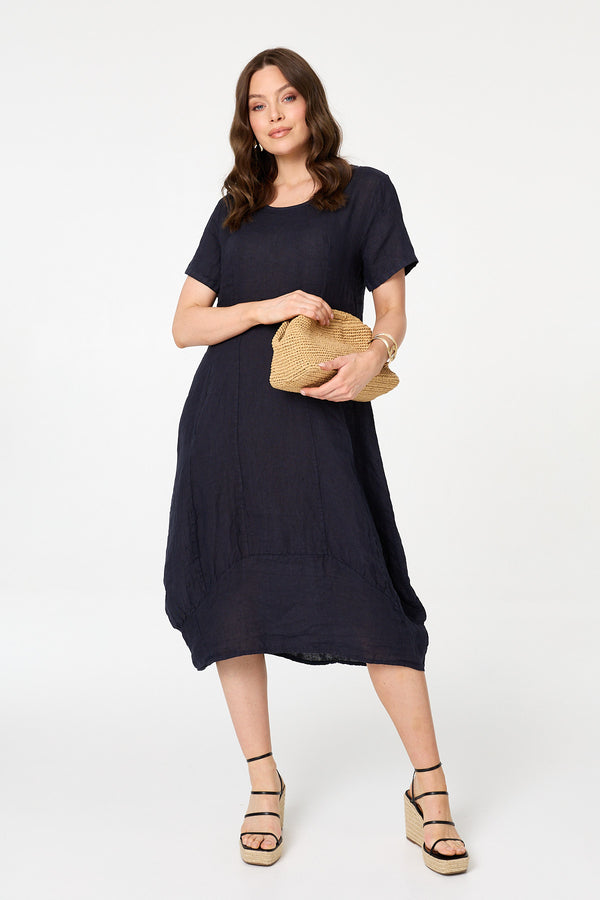 Navy | Short Sleeve Oversized Midi Shift Dress