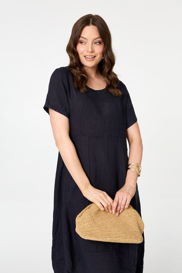 Navy | Short Sleeve Oversized Midi Shift Dress