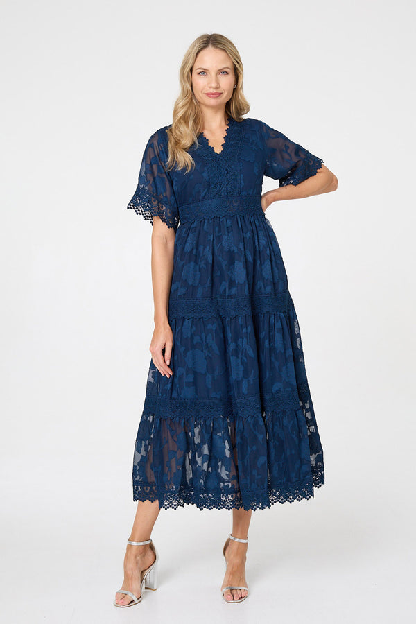 Navy | Floral Lace Frill 1/2 Sleeve Midi Dress : Model is 5'10"/178 cm and wears UK10/EU38/US6/AUS10
