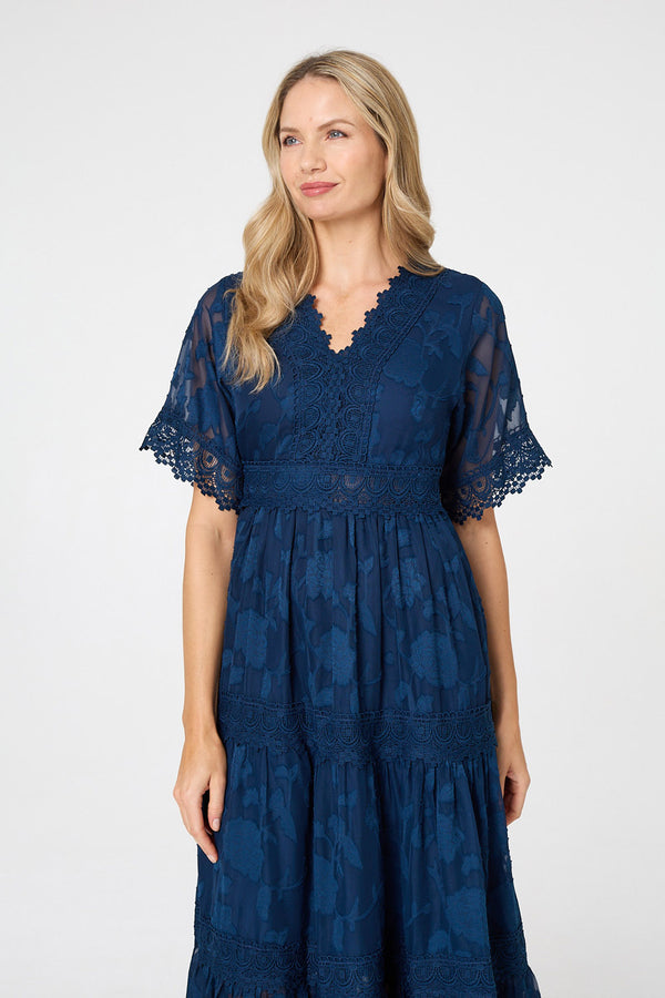 Navy | Floral Lace Frill 1/2 Sleeve Midi Dress
