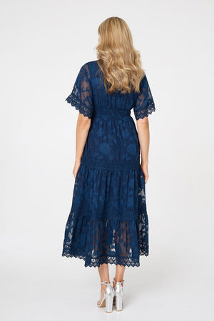 Navy | Floral Lace Frill 1/2 Sleeve Midi Dress
