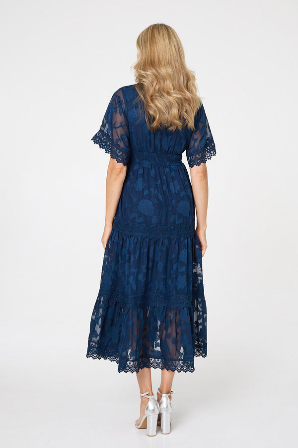Navy | Floral Lace Frill 1/2 Sleeve Midi Dress
