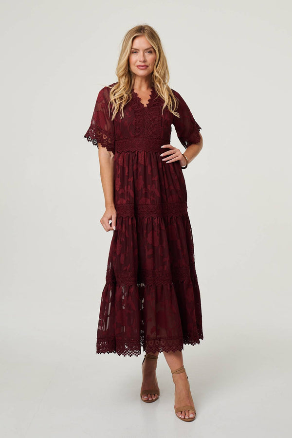 Red | Floral Lace Frill 1/2 Sleeve Midi Dress
