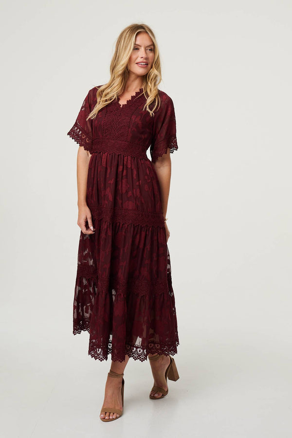 Red | Floral Lace Frill 1/2 Sleeve Midi Dress
